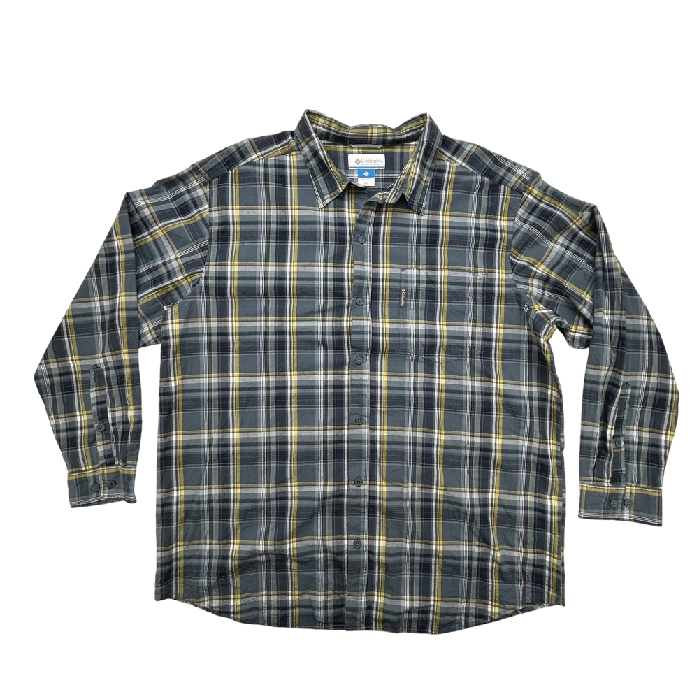 Columbia Shirt Mens 2XL Plaid Button Up Long Sleeve Outdoor Casual Gray Yellow